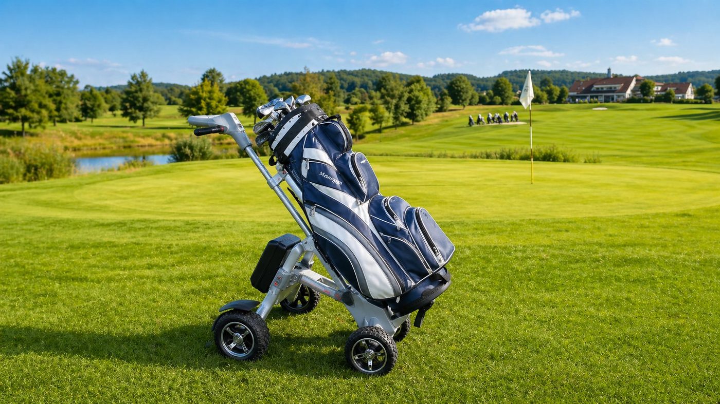 Golfrider im Gehmodus mit Golf-Bag auf dem Fairway
