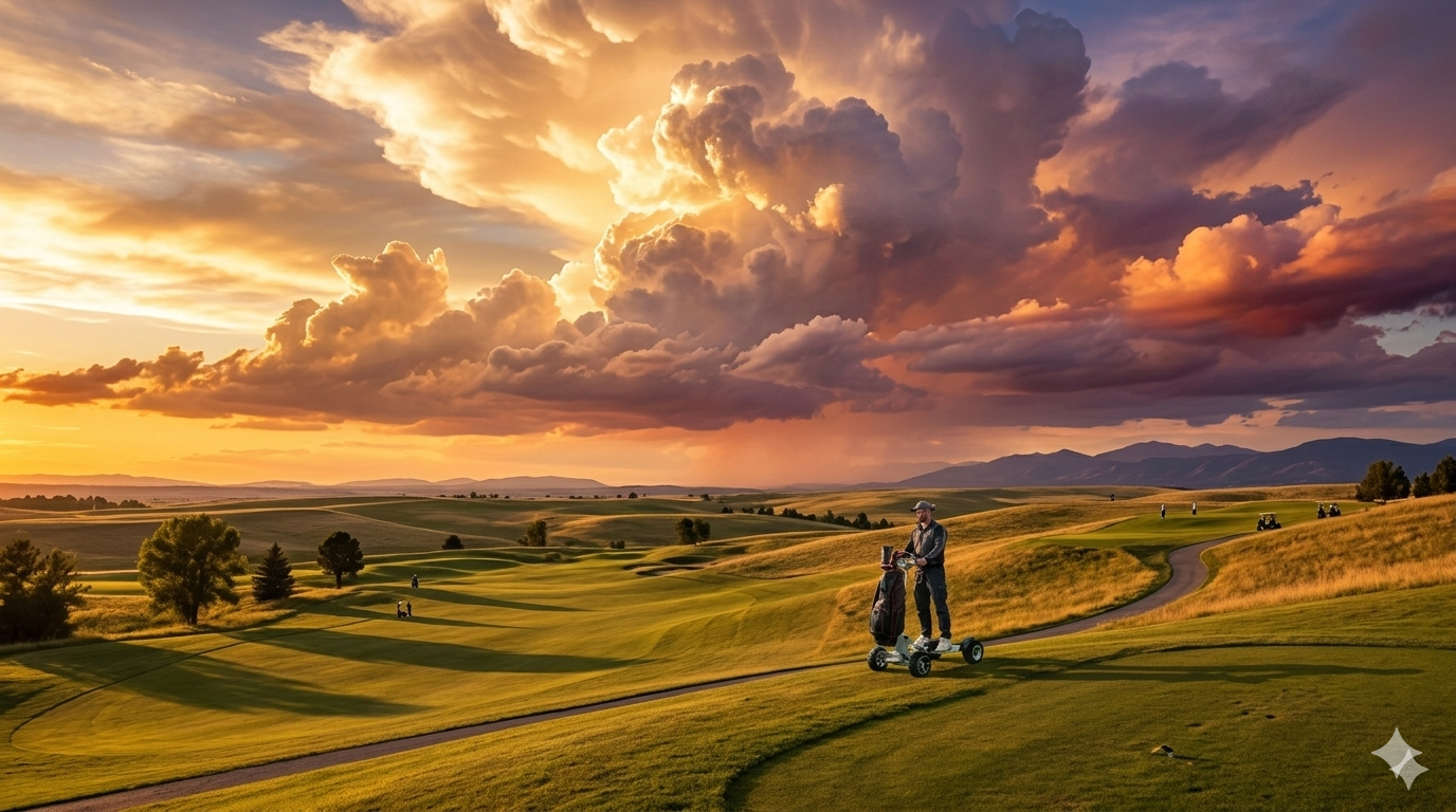 Golferpaar mit Golfrider auf Fairway
